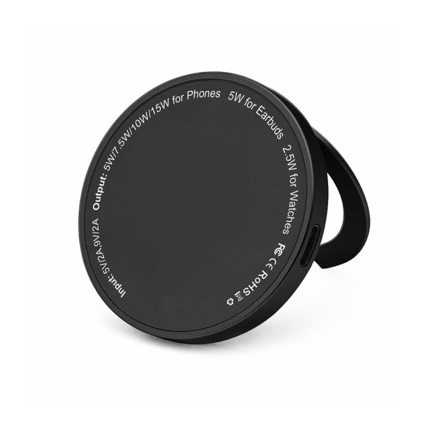 A black magnetic phone and watch charger with a stand, featuring a circular design and a connector on the side.