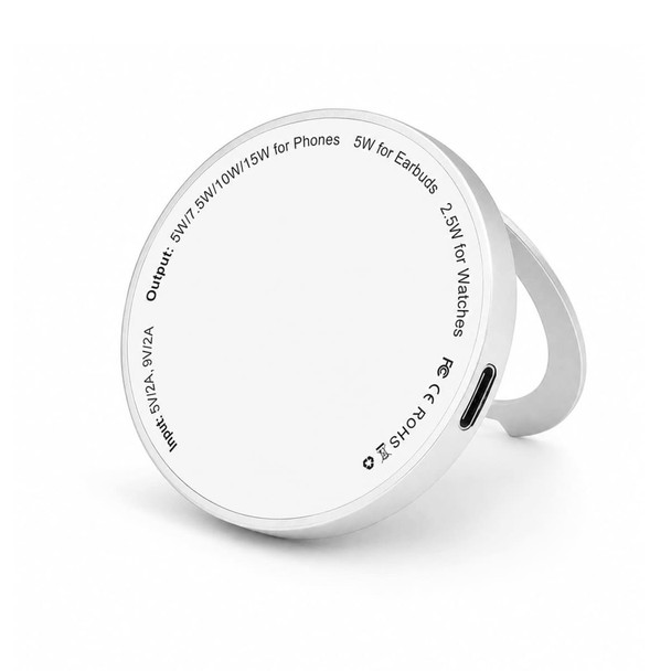 A white magnetic phone and watch charger with a stand, featuring a circular design and a USB-C port.