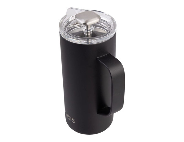 A drink bottle in matte black with a clear lid, featuring a handle and a logo.