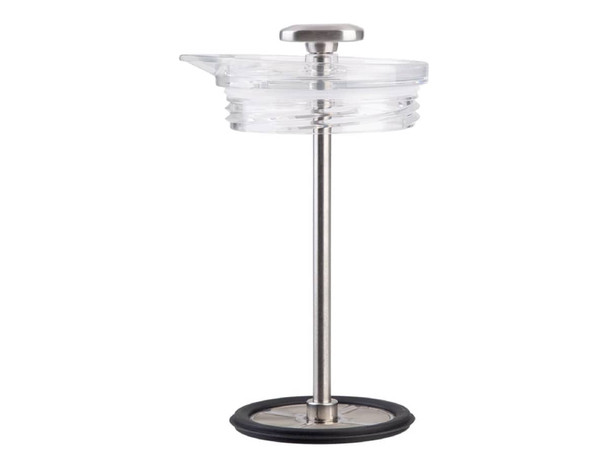 A drink bottle with a stainless steel base and clear press top, featuring a rubber ring for stability.