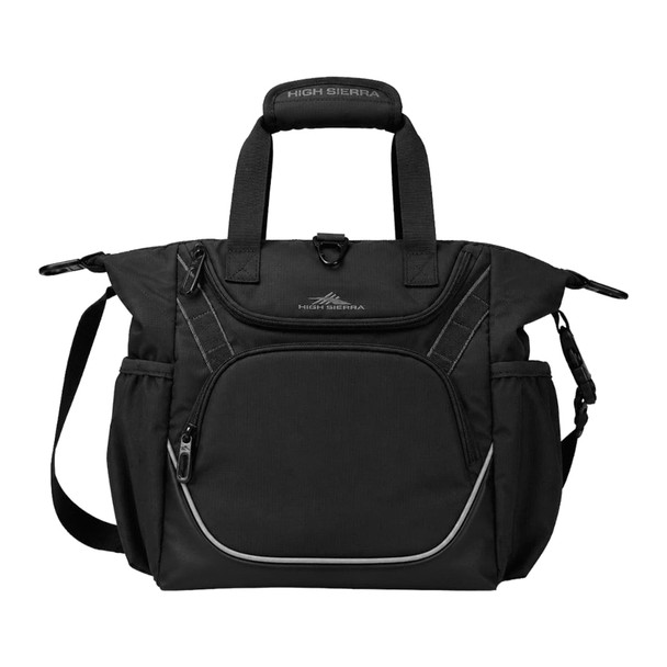 A black bag with multiple compartments, featuring handles and a detachable shoulder strap, and a logo on the front.