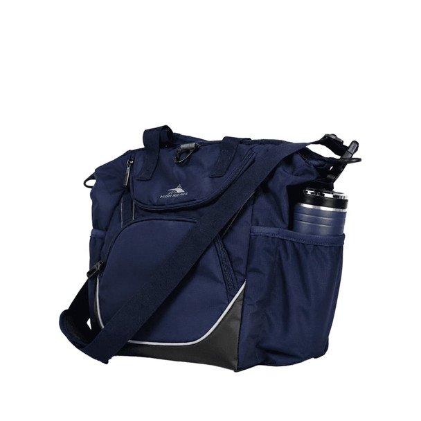 A navy cooler bag with a shoulder strap and side pocket, containing a drink bottle and additional compartments.