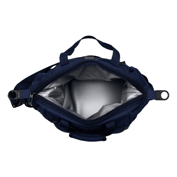 A navy cooler bag with a spacious silver-lined interior and multiple carrying options. It includes a logo.