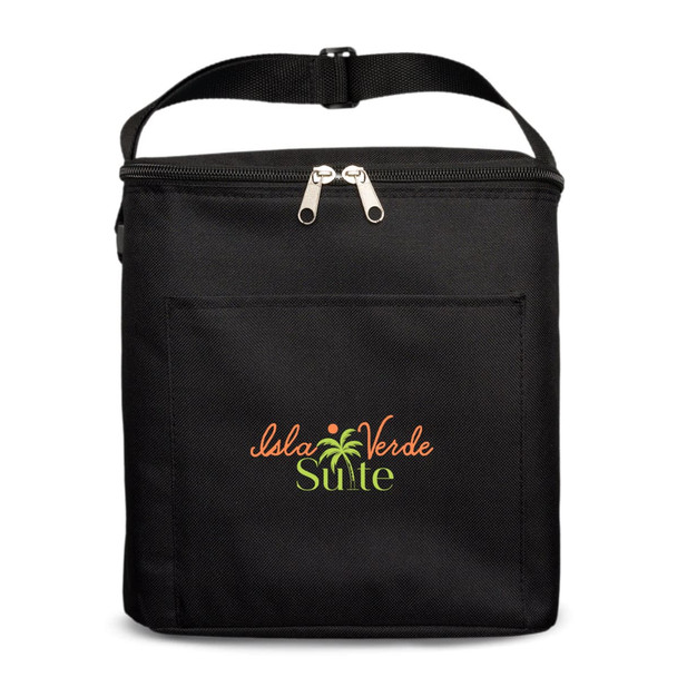 A black insulated bag with a zip closure and a logo on the front. It features a carry handle and a front pocket.