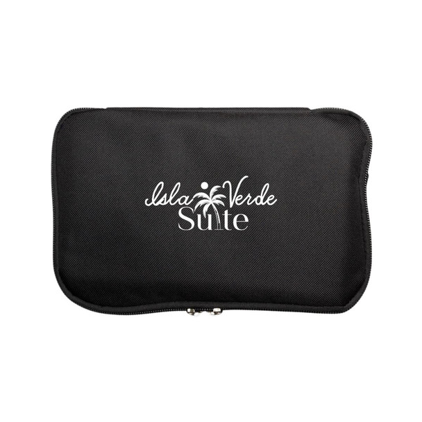 A black zippered travel pouch featuring a logo with a palm tree design.