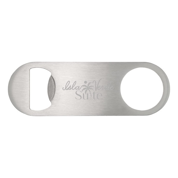 A stainless steel bottle opener with a smooth finish and a circular hole for grip, featuring a logo.