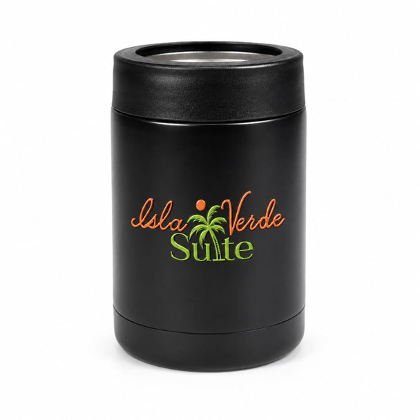 A black drink bottle with a logo featuring palm trees and text in orange and green.