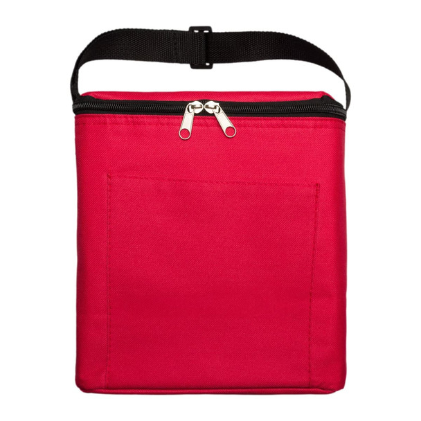 A red insulated bag with a zip closure and a front pocket, featuring a black strap on top.