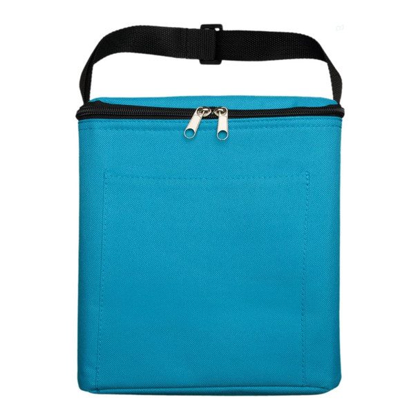 A turquoise insulated bag with a zip closure and a black carry strap. It features a front pocket.