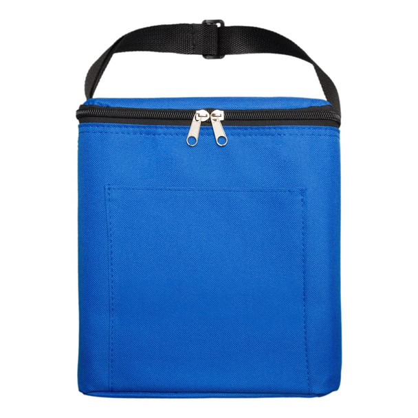 A blue cooler bag with a black zipper and handle, featuring a front pocket and a sturdy design.