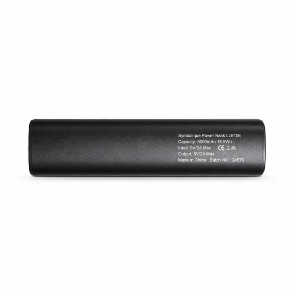 A black 5,000mAh power bank with a logo, featuring input and output specifications on one side.