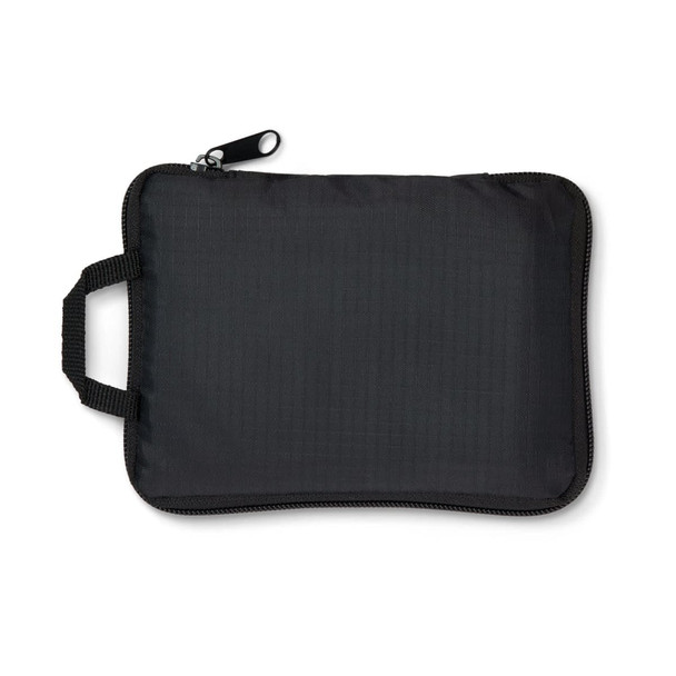 A black zippered pouch with a handle, featuring a sleek design suitable for storage and organisation.