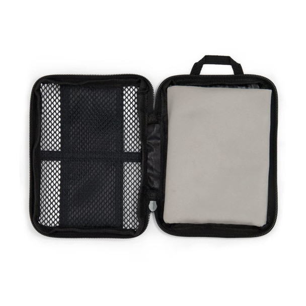 A zipped storage case featuring a mesh pocket and a padded compartment, primarily in black with a light grey interior.