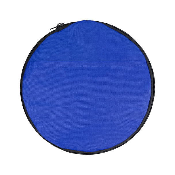 A round blue duffle bag with a zip closure, featuring a black trim and no visible branding.