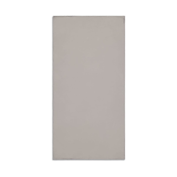 A grey towel featuring a logo, suitable for sports and fitness activities.