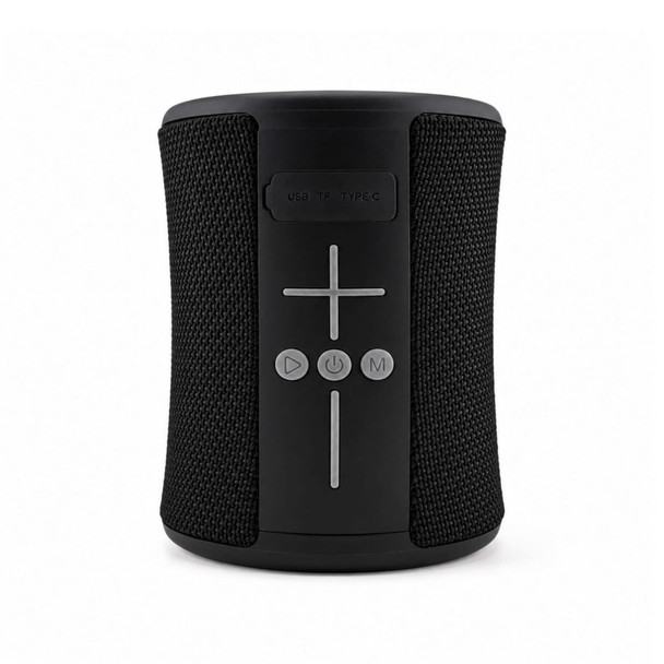 A black speaker with a textured surface, featuring control buttons and a USB Type-C port. It has a branded logo.