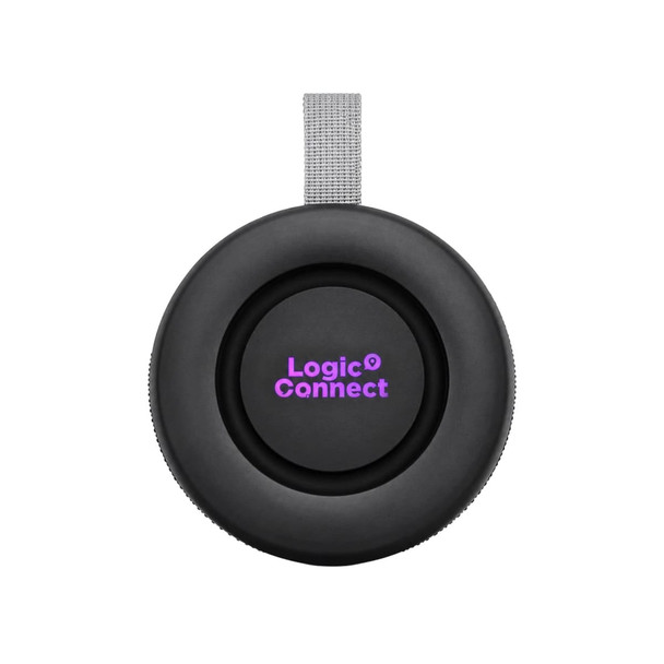 A round black speaker with a grey strap and a logo in purple.
