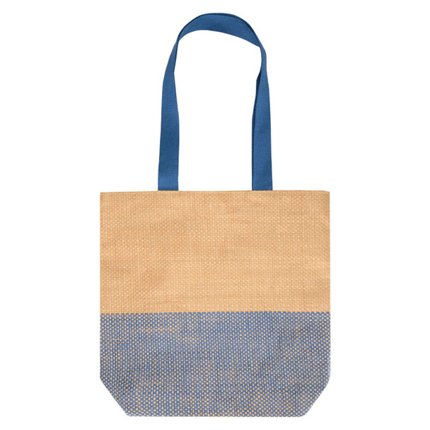 A tote bag with a natural tan upper and blue patterned lower section, featuring two blue handles and a logo.