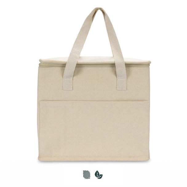 A cream cooler bag with double handles and a front pocket, featuring a simple logo on the side.
