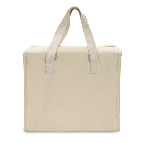 A beige cooler bag with sturdy handles and a simple design, featuring a logo on one side.
