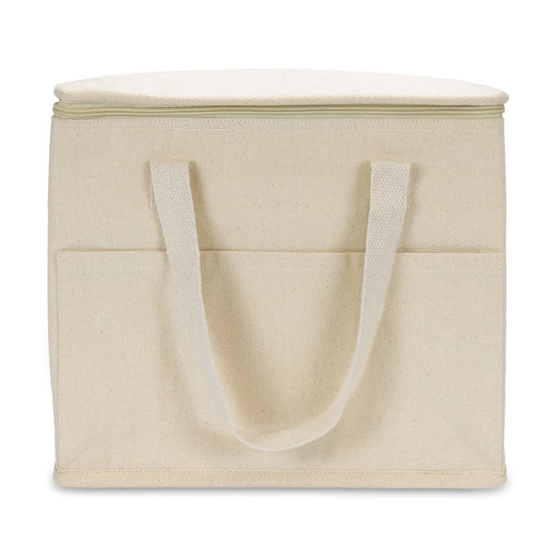 A cooler bag in a lightweight cream colour with a zip closure and handles, featuring a front pocket and branding.