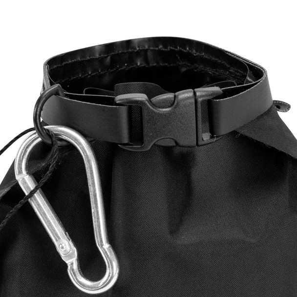 A black bag featuring a clip closure and a silver carabiner attached.
