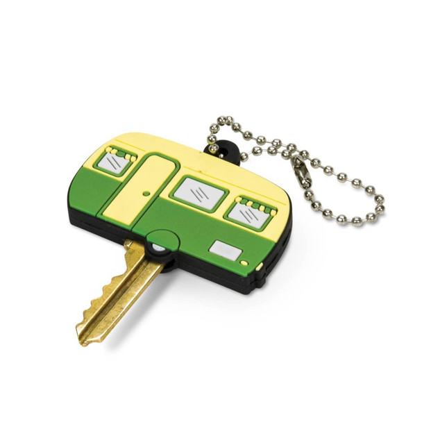 A green and yellow PVC key cover shaped like a caravan, attached to a ball chain.