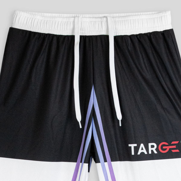 Custom women's active pants in black, featuring a white waistband and purple gradient design, with a logo.