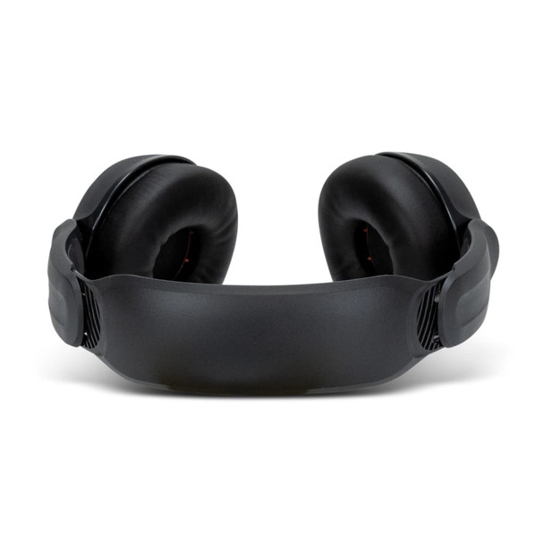 A pair of wireless headphones with a sleek black design, featuring cushioned ear cups and an adjustable headband.