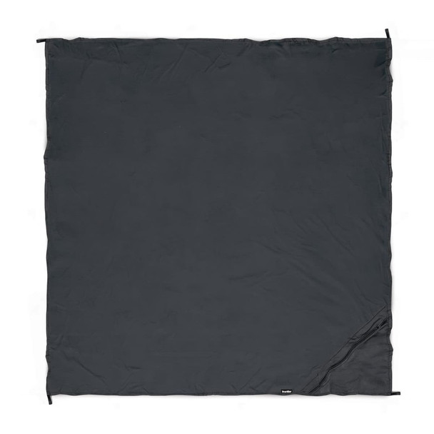 A dark grey camping blanket with a simple design, featuring a small logo in one corner.