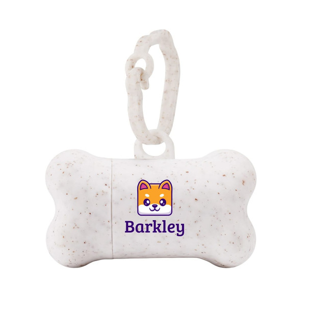 A white, bone-shaped dog waste bag holder featuring a logo and a clip for easy attachment.