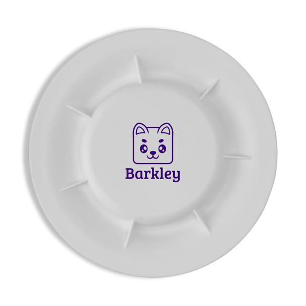 A white pet dish featuring a cartoon dog design and a logo in purple.