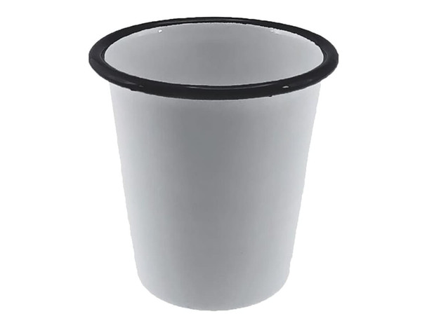 A drink bottle featuring a white enamel body with a black rim. It has a simple, sleek design.