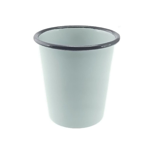 A light green enamel tumbler with a dark rim, 300ml capacity and 9cm height. It features a logo on the surface.