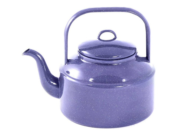 A purple enamel tea kettle with a handle and spout, featuring a lid and a simple design.