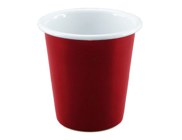 A red enamel tumbler with a white inner lining, 300ml capacity and 8cm height, featuring a logo.