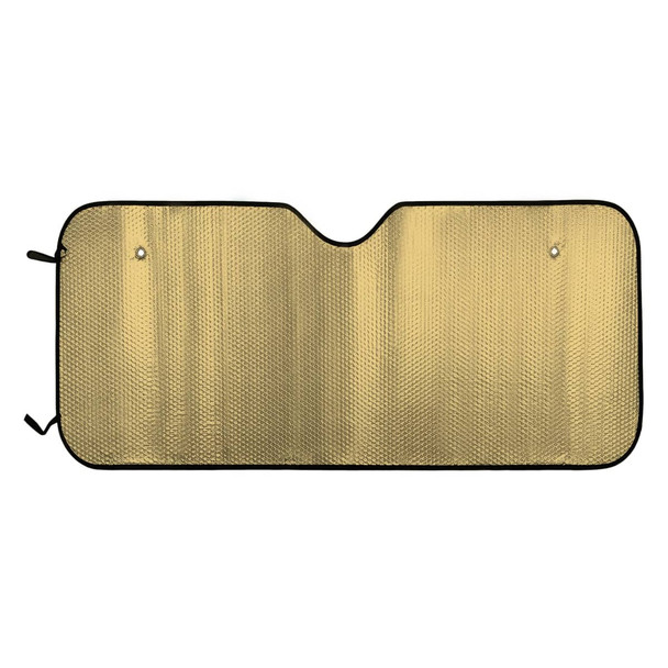 A bubble aluminium car sunshade in gold with a black trim, featuring a hollow centre for a rearview mirror.