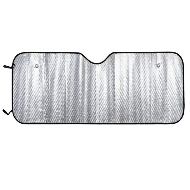 A full colour printed bubble aluminium car sun shade featuring a silver reflective design and black edging.