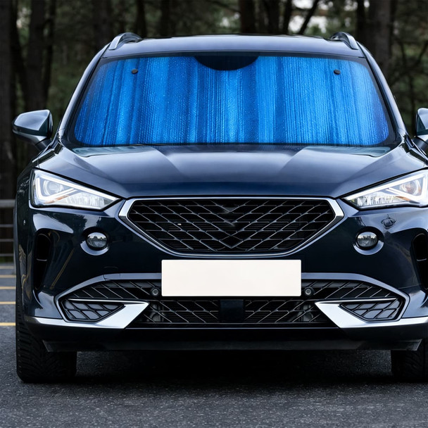 A blue full-colour printed bubble aluminium car sun shade is displayed in a front-facing vehicle.