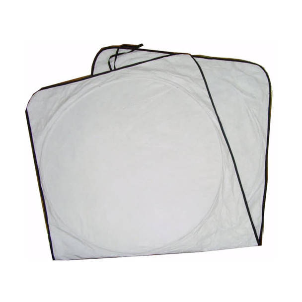 A foldable car shade in white with black trimming, featuring circular cutouts for easy storage.