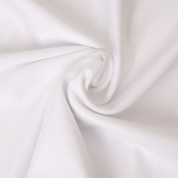 A white fitted banquet chair cover with a smooth, textured fabric, ideal for events and exhibitions.