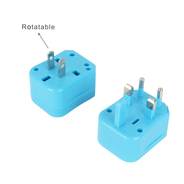 A blue universal travel adapter kit featuring rotatable plugs for different socket types. Includes multiple plug configurations.