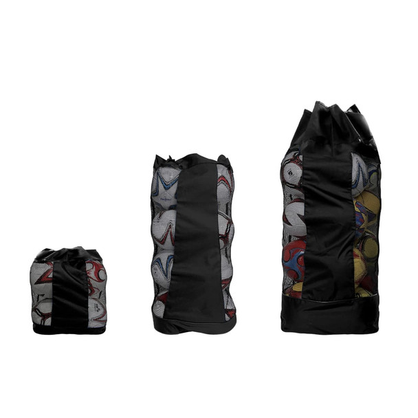 Three drawstring mesh ball bags in black, showcasing colourful balls inside. Each bag varies in size.