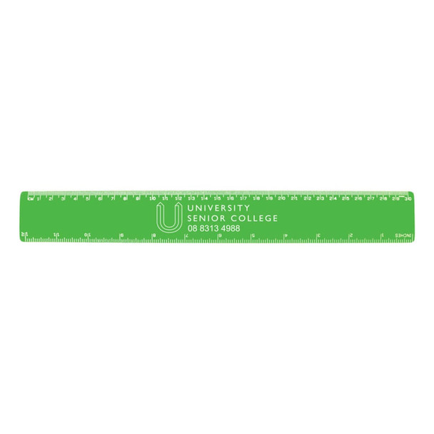 A green plastic ruler measuring 30cm, featuring a logo and printed measurement markings along its edge.