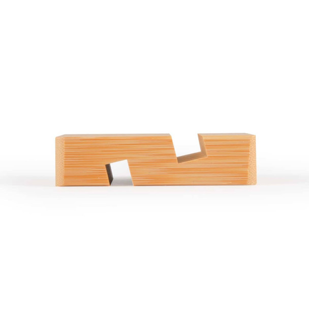 A bamboo tablet and phone stand featuring a modern, minimal design with a cutout for holding devices securely.