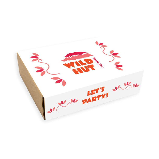 A rectangular cardboard box with a floral design, featuring bright red text and graphics, predominantly in white and brown.