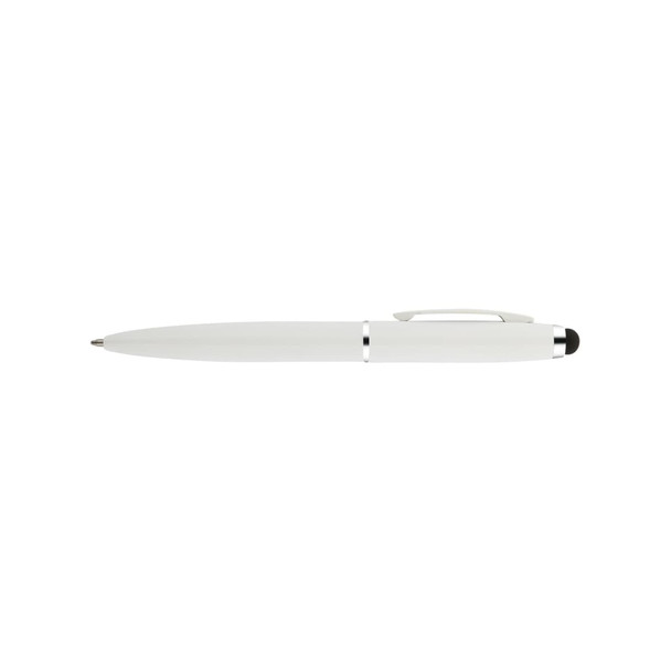 A white stylus pen with a black tip and metallic accents, featuring a clip and branding.