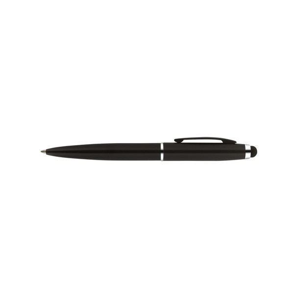 A black stylus pen featuring a sleek design and a clip, accompanied by a logo.