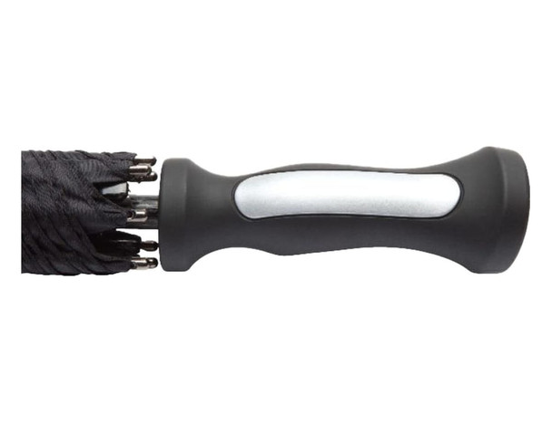 A black golf umbrella with a sturdy handle, featuring a textured grip and metal components.