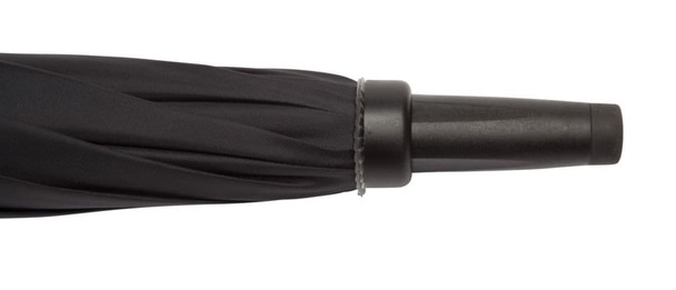 A black auto golf umbrella with a streamlined design and a black handle. It features a subtle branding detail.